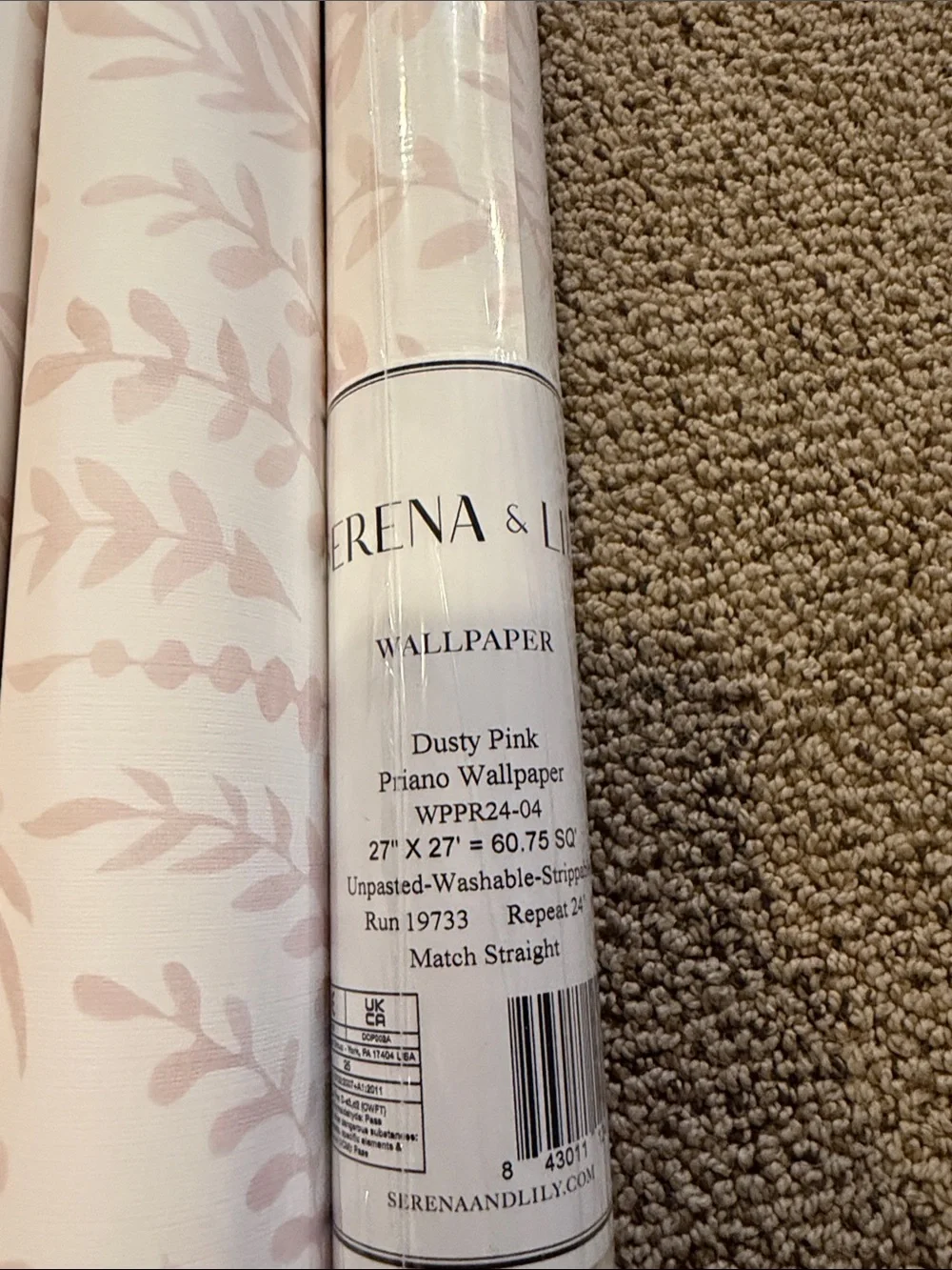 Serena & Lily Dusty Pink Botanical Wallpaper Roll. One not opened and two opened